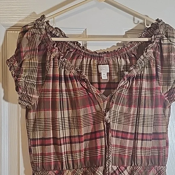 Converse Short Sleeve Plaid Earth Tone Cotton Ruffle Trim Dress Size M - Picture 5 of 8